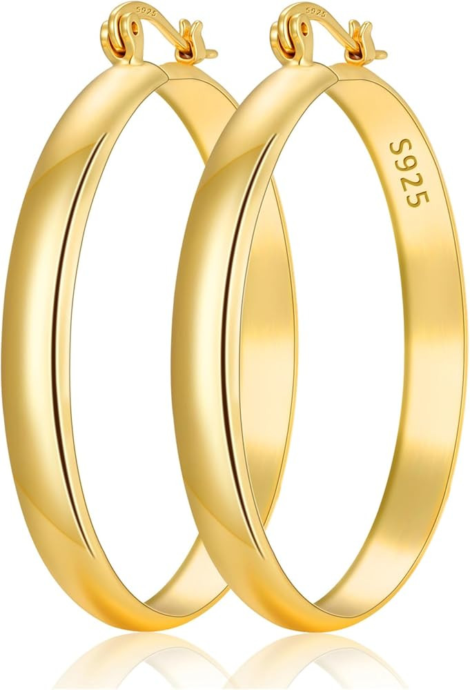 Hoop Earrings for Women, 5mm Wide 14K Gold Plated/Silver Hoop Earring Hypoallergenic 925 Sterling... | Amazon (US)