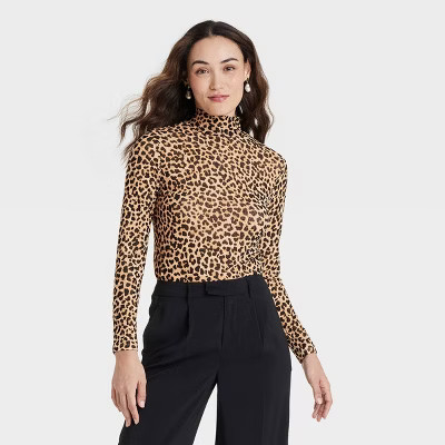 Women's Slim Fit Long Sleeve Mesh Turtleneck Blouse - A New Day™ Brown Leopard Print M | Target