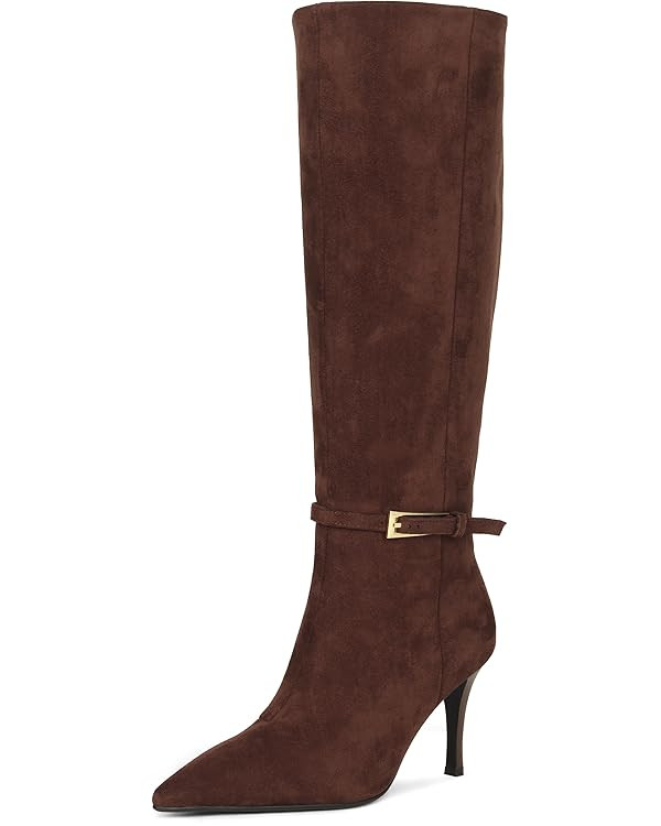 Knee High Boots Women Stiletto High Heel 3.3in, Side Zipper Pointed Toe Metal Buckle Tall Boots D... | Amazon (US)