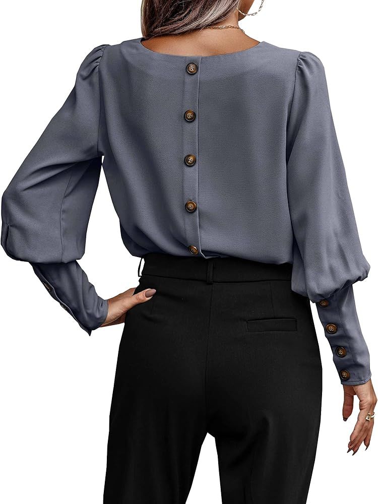 CCTOO Women's Blouses Long Sleeve: Button Back Casual Crew Neck Solid Color Work Shirt Tops | Amazon (US)