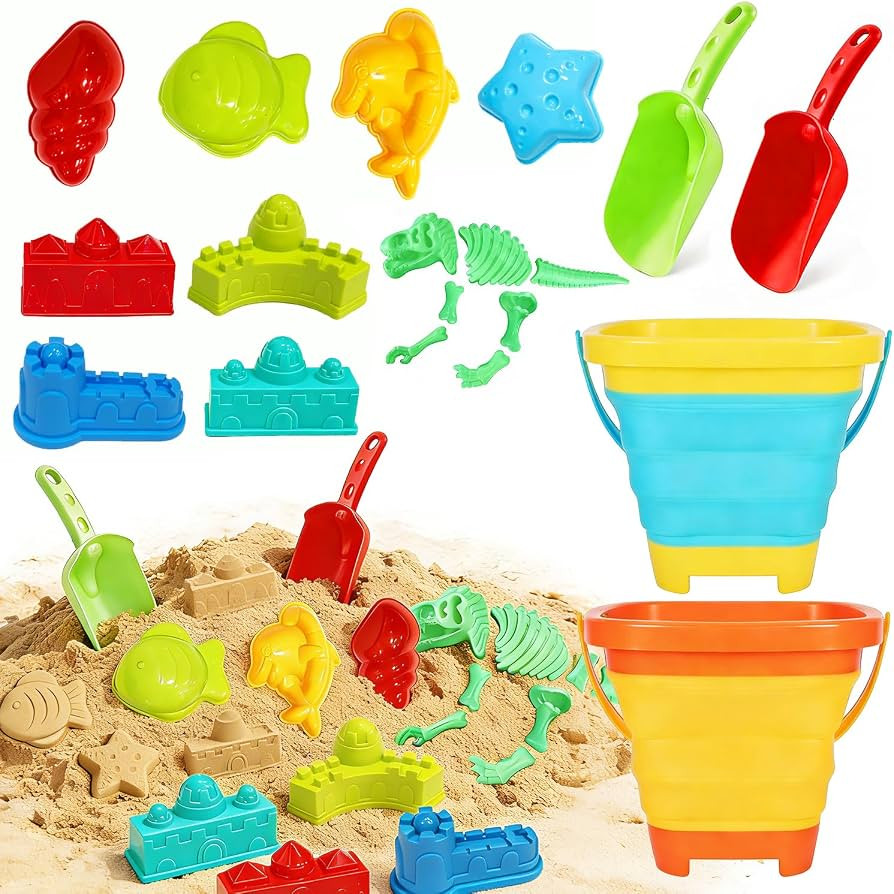 Foldable Beach Bucket and Shovel Set for Kids, 20PCS Sand Toys with Sand Molds (Castle, Dinosaur,... | Amazon (US)
