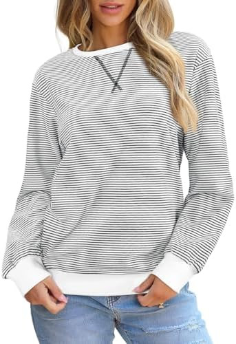 SHEWIN Womens Striped Sweatshirt Crewneck Casual Long Sleeve Pullover Tops Trendy 2025 | Amazon (US)