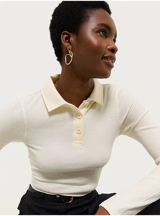 Cream Brushed Ribbed Long Sleeve Polo Top | George