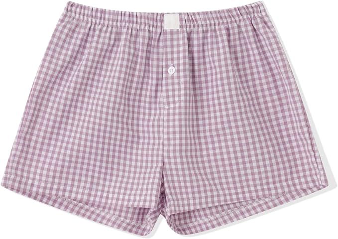 Women Y2k Pajamas Shorts Micro Button Boxers Elastic Waist Cute Pj Bottoms Summer Plaid Lounge Sh... | Amazon (US)