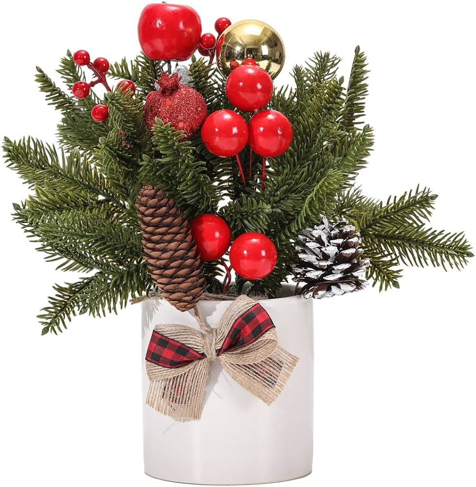 12 inch Tabletop Mini Christmas Tree Artificial Potted Christmas Tree with Apples Pine Cones Gold... | Amazon (US)