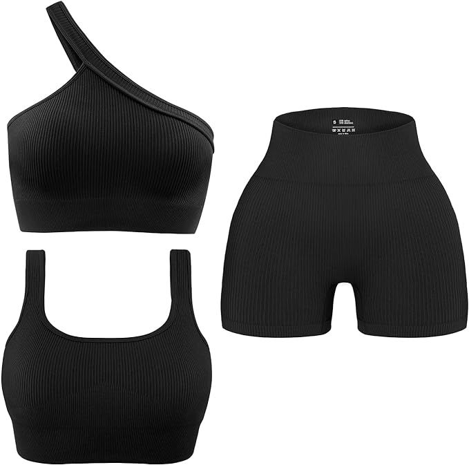 OLCHEE Womens 3 Piece Workout Sets - Seamless Ribbed Yoga Outfits Sports Bra One Shoulder Top Bik... | Amazon (US)