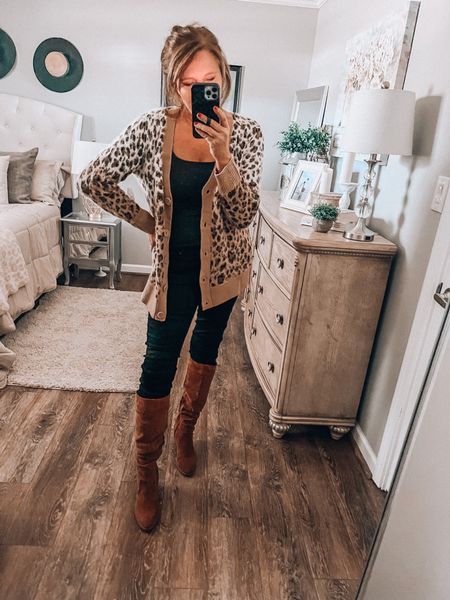 Loving this ombré animal print cardigan from @walmart ❤️ #walmartpartner This eyelash cardigan comes in more color options and fits tts. Styled with a black tank and black jeans ( both by Time and Tru) with tall cognac boots that are also by Time and Tru from Walmart. Casual chic made easy! See below for more faves! 

#walmartfashion #walnart #walmartfinds fall outfit fall trends cardigan boots jeans teacher outfit casual dinner outfit fashion over 40

#LTKunder50 #LTKstyletip #LTKsalealert