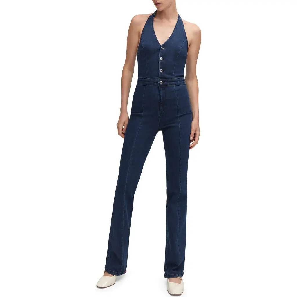 MANGO Denim Halter Jumpsuit in Dark Blue at Nordstrom, Size Small | Nordstrom