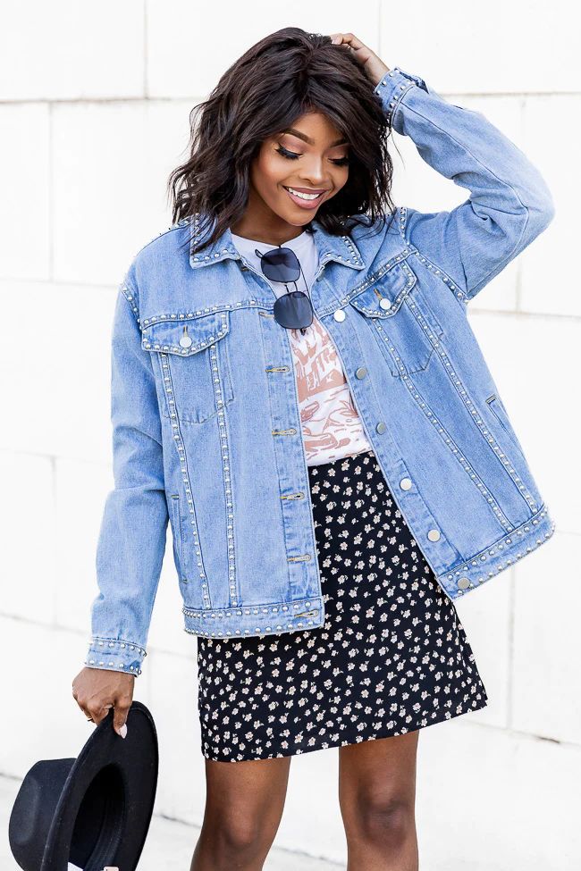 All I Think About Medium Wash Studded Jacket FINAL SALE | Pink Lily