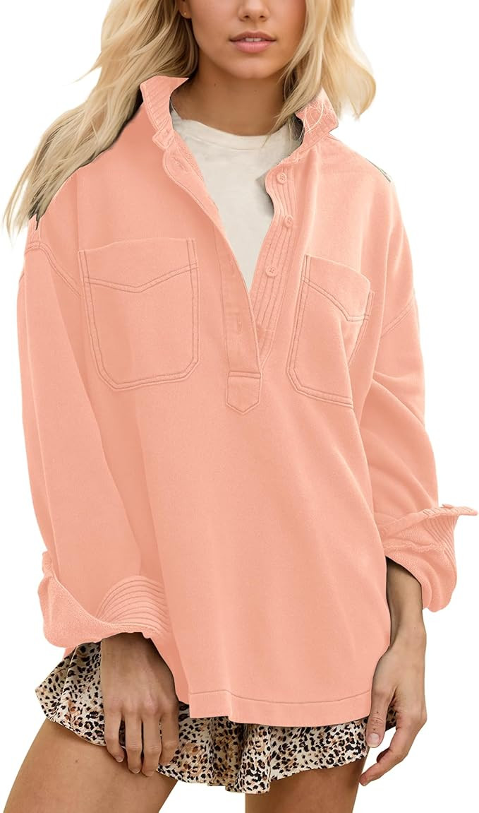 Locachy Women's Casual Oversized Polo Neck Sweatshirt Lapel Long Sleeve Button Pullover Tops Fash... | Amazon (US)