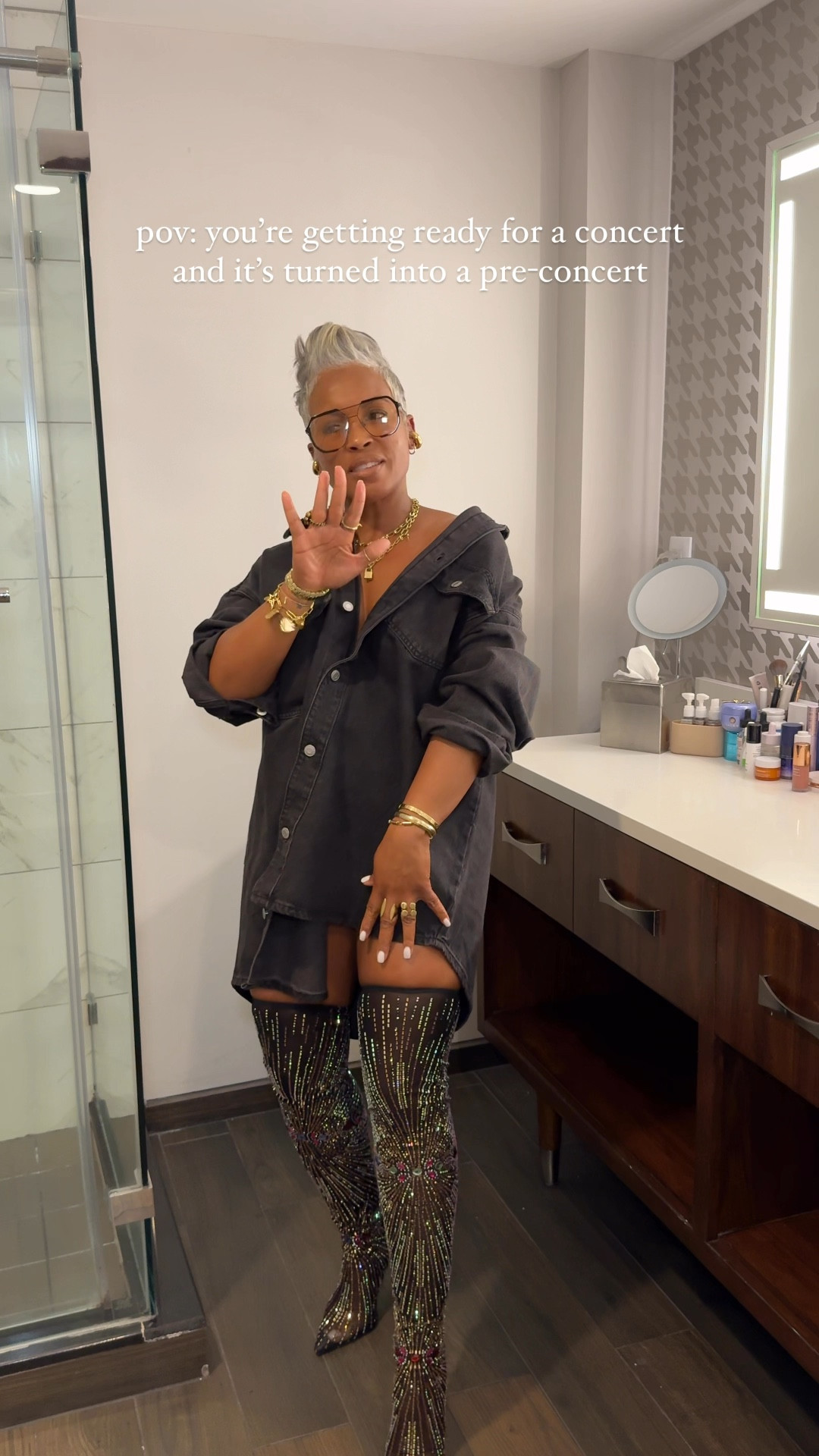 Usher i’m on my waaay!

Who else does this?!? 
bc it’s the only way to get ready 😜

Boots fit tts | & comfy!!! wearing XS/S in oversized denim shirt dress 
.
.
.
.
#usherconcert #atlanta #fashionover40 style INSPO, aviator sunglasses, fashion over 40, pixie haircut, #xojalonda silver hair, GRWM, explorer, distressed jeans, silver hair , grey hair journey, camouflage jacket, camo, Kurt Geiger / knee high boots / military jacket / H&M / fringe clutch 
