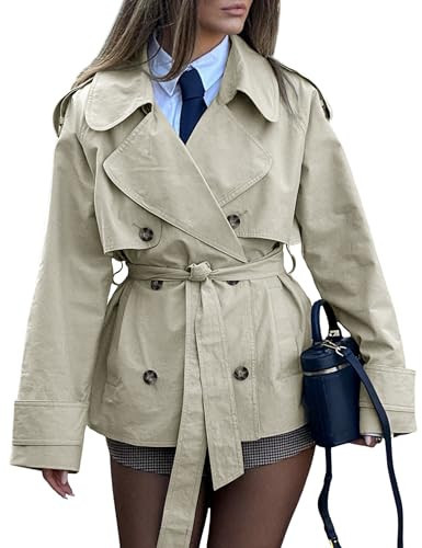 Lingswallow Cropped Trench Coat for Women Double Breasted Lapel Short Jacket Crop Coats with Belt | Amazon (US)