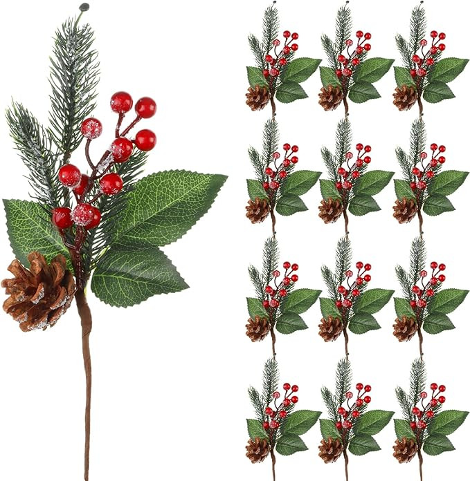 Boao 12 Pcs 11'' Large Christmas Pine Picks Tree Decoration Red Berry Picks and Sprays with Cone ... | Amazon (US)
