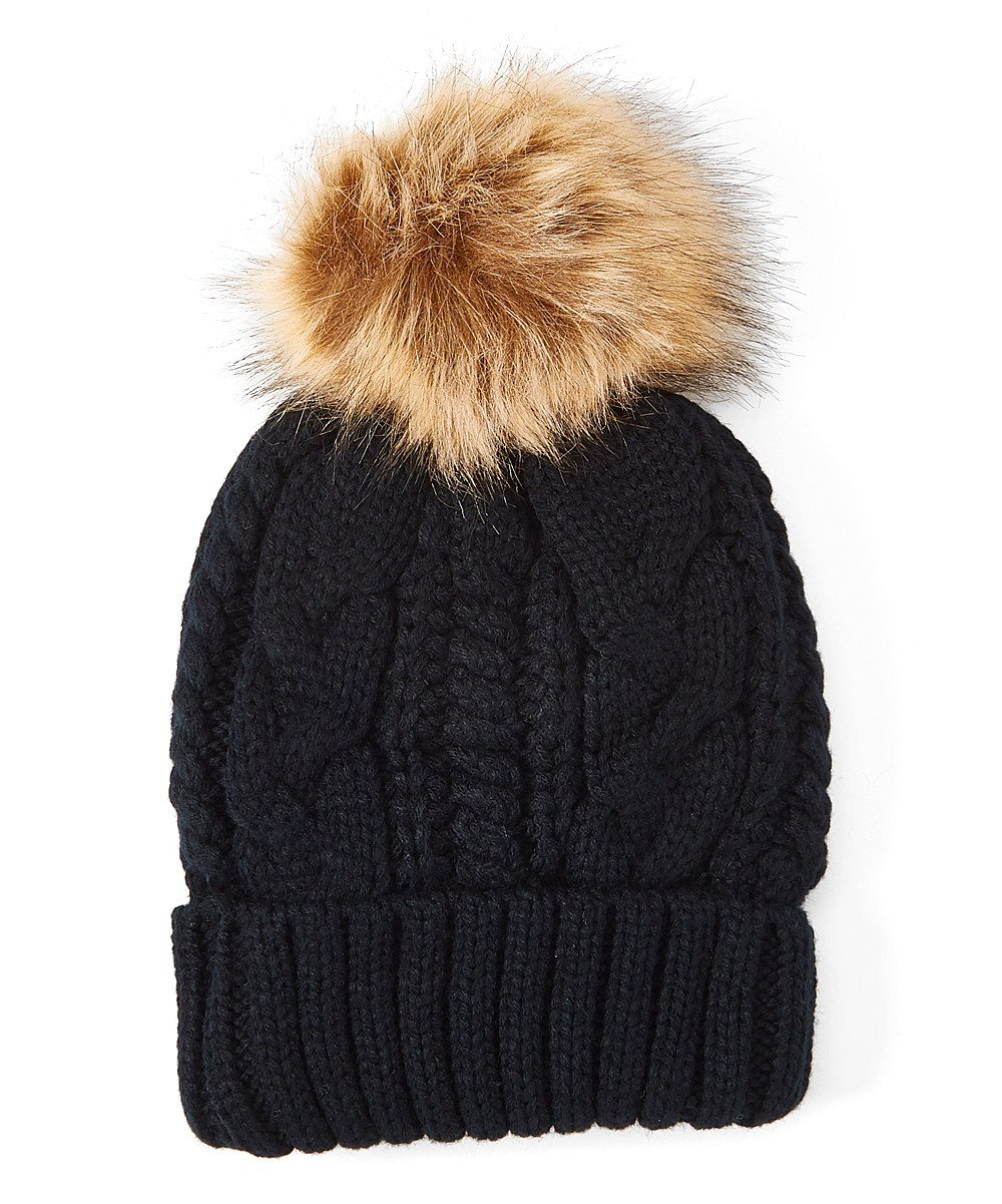 DNMC Women's Beanies Black - Black Cable-Knit Faux-Fur Pom-Pom Beanie - Women | Zulily