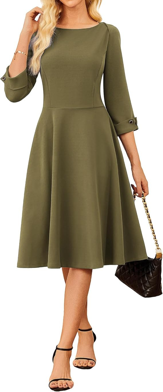 GRACE KARIN Work Dresses for Women 2025 3/4 Sleeve Fit and Flare Business Midi Dress Classy Offic... | Amazon (US)