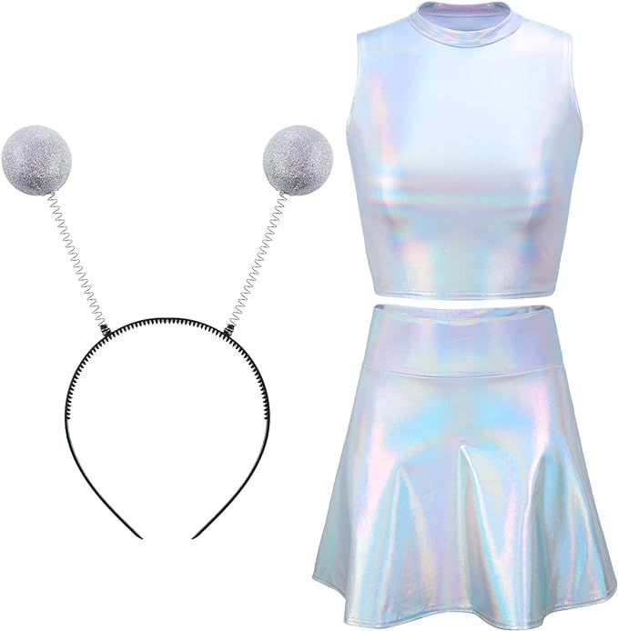 Metallic Top Sleeveless Crop Tank Top Pleated Skirt with Headband for Raves Halloween Cosplay | Amazon (US)