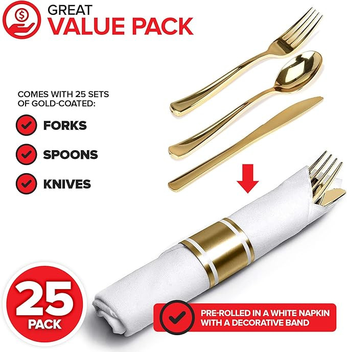 Pre Rolled Plastic Silverware Sets for Parties (25 Pack) Gold Cutlery Set, Disposable Spoons, For... | Amazon (US)