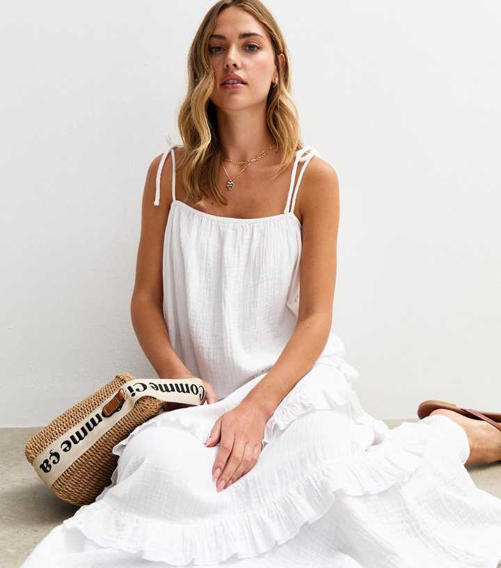 White Crinkled Frilly Trim Midi Dress | New Look | New Look (UK)