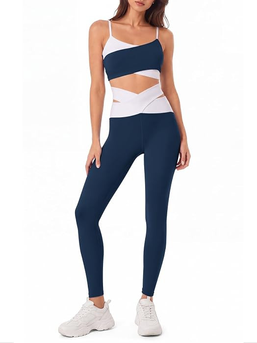 Womens Workout Sets Padded Sports Bras Crossover High Waisted Leggings 2 Piece Outfits Matching S... | Amazon (US)