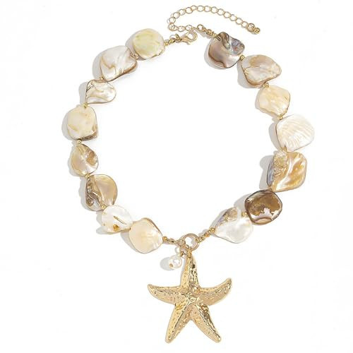 Chunky Shell Starfish Pendant Necklace for Women Colorful Seashell Star Statement Necklace Gold Baroque Freshwater Pearl Necklace Boho Lrregular Choker Memorial Necklace Summer Beach Costume Jewelry Accessories (A) | Amazon (US)
