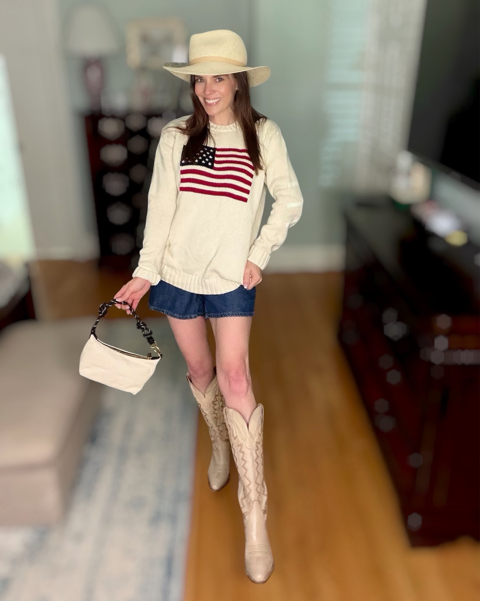 Americana Coastal Cowgirl 🇺🇸 Flag Sweater + Denim Shorts


A little coastal cowgirl meets Americana 🇺🇸✨ This flag sweater is such a fun statement piece—lightweight enough for cool summer nights but still cozy and classic. Paired it with denim shorts and western boots for that effortless mix of preppy and country 🤠

Finished the look with a straw hat and a simple shoulder bag to keep it relaxed but pulled together. Perfect for summer nights, beach trips, or casual Fourth of July plans ❤️🤍💙

Wearing size small.

americana outfit, flag sweater outfit, coastal cowgirl style, western boots outfit, denim shorts outfit, fourth of july look, preppy summer outfit, casual patriotic outfit

#LTKFestival #LTKPetite #LTKOver40