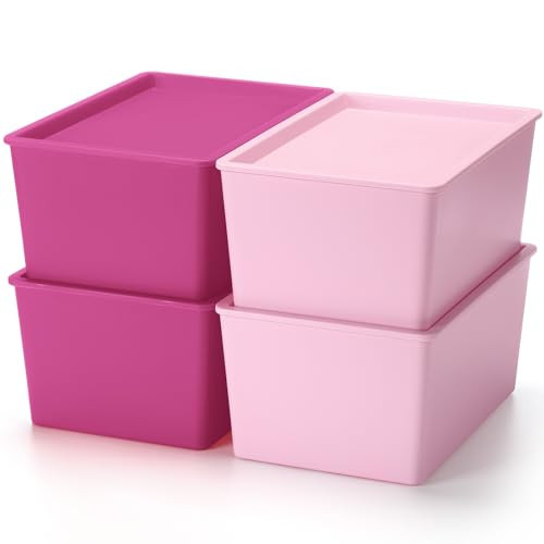Menkxi 4 Pcs Storage Bins with Lids Plastic Stackable Containers for Organizing Shelves Christmas Ornament Box Baskets(Dark Pink, Light Pink,Large) | Amazon (US)