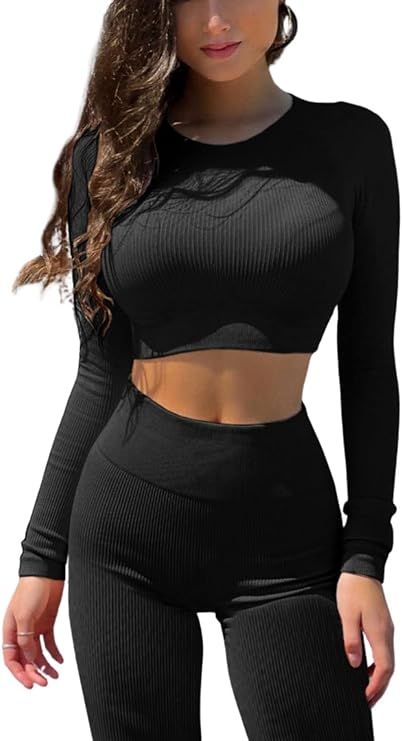 QINSEN Seamless Workout Outfits for Women 2 Piece Ribbed Long Sleeve Crop Top Tummy Control Leggi... | Amazon (US)