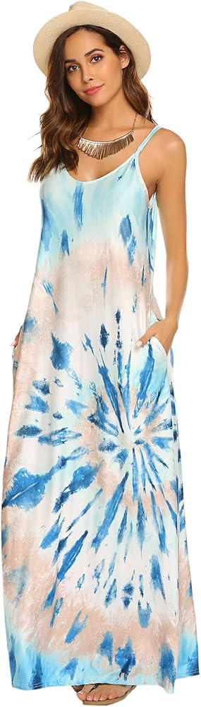 Women's Summer Casual Floral Printed Bohemian Spaghetti Strap Floral Long Maxi Dress with Pockets | Amazon (US)