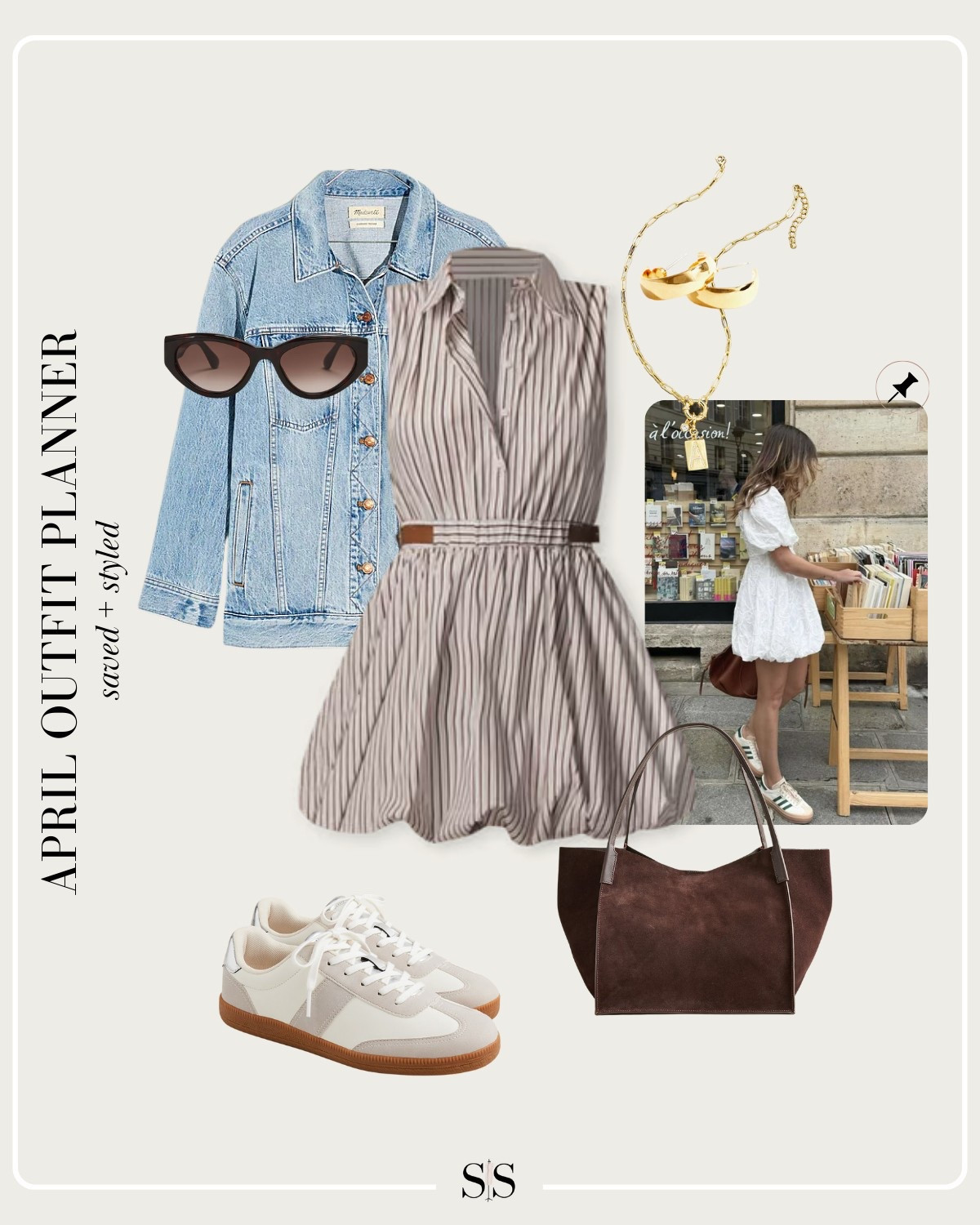 Monthly outfit planner APRIL: Spring transitional looks, saved + styled outfit inspo | cinched waist bubble hem mini dress, denim jacket, sneakers, suede leather tote 

#springoutfit #casualoutfit

Image credit: Pinterest 

#LTKStyleTip