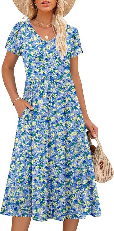 ANRABESS Women's Summer Short Sleeve Midi Dresses Casual Floral T-Shirt Dress V Neck A-Line Flowy... | Amazon (US)
