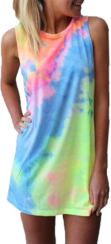 Women Tie-dye Print Sleeveless Mini Dress Casual Round Neck Rainbow Short Mini Dress | Amazon (US)