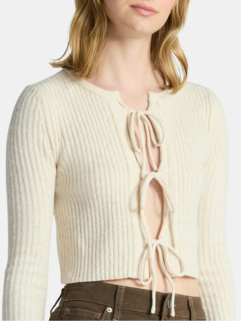 No Boundaries Bow-Tie Ribbed Cardigan, Women's | Walmart (US)