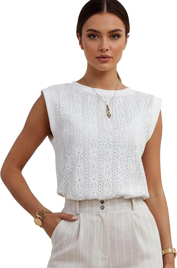 Women Eyelet Tank Tops Floral Casual Round Neck Sleeveless Summer Tops Trendy Basic Cute Plain Ta... | Amazon (US)