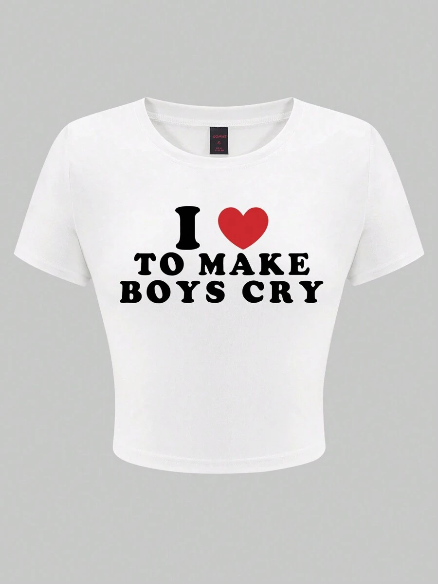 ROMWE Grunge Punk Millennial Vintage Valentine's Day Slogan Print Slim Fit Crop Top T-Shirt With ... | SHEIN