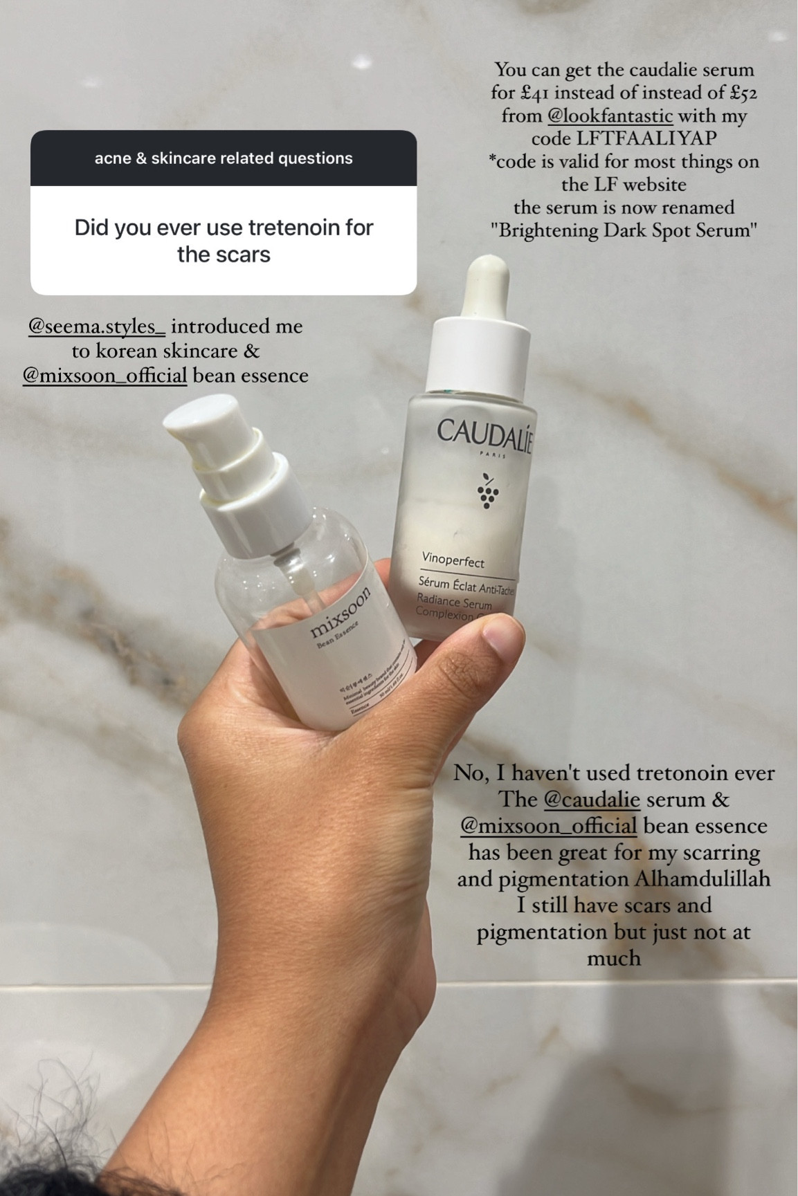 caudalie dark spot serum and mixsoon bean essence has helped me with my scarring whilst suffering with acne as well as pigmentation 

#LTKgrwm #LTKbeauty