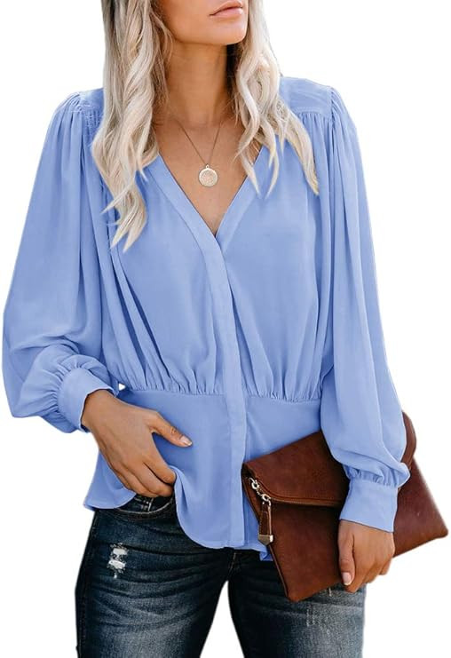 Gemijack Women Blouse Elegant V Neck Ruffled Chiffon Tops Vintage Empire Waist Long Sleeve Shirts | Amazon (US)