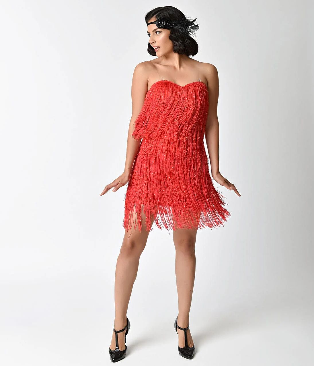 1920S Style Red & Iridescent Sequin & Fringe Flapper Dress | UniqueVintage