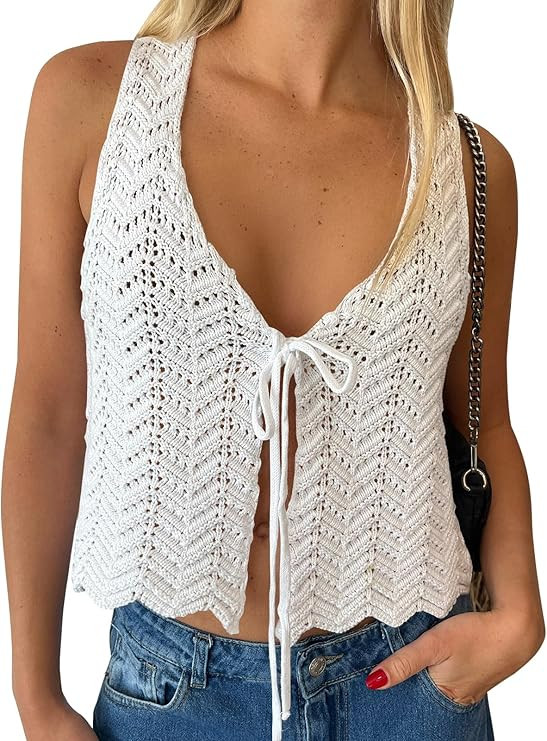 LILLUSORY Crochet Tops for Women Summer Vacation Outfits Beach Coverup Going Out Tie Front Spring... | Amazon (US)