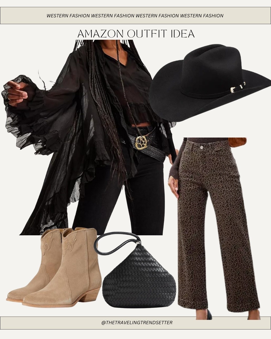 Fall fashion- fall Amazon western fashion- boots - booties - woven leather hang bag- black felt cowboy hat - leopard denim  jeans 

#LTKStyleTip #LTKFindsUnder100 #LTKFindsUnder50