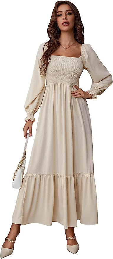 Amazon.com: WDIRARA Women's Square Neck Flounce Shirred Ruffle Hem Elegant Long Sleeve Maxi Dress... | Amazon (US)