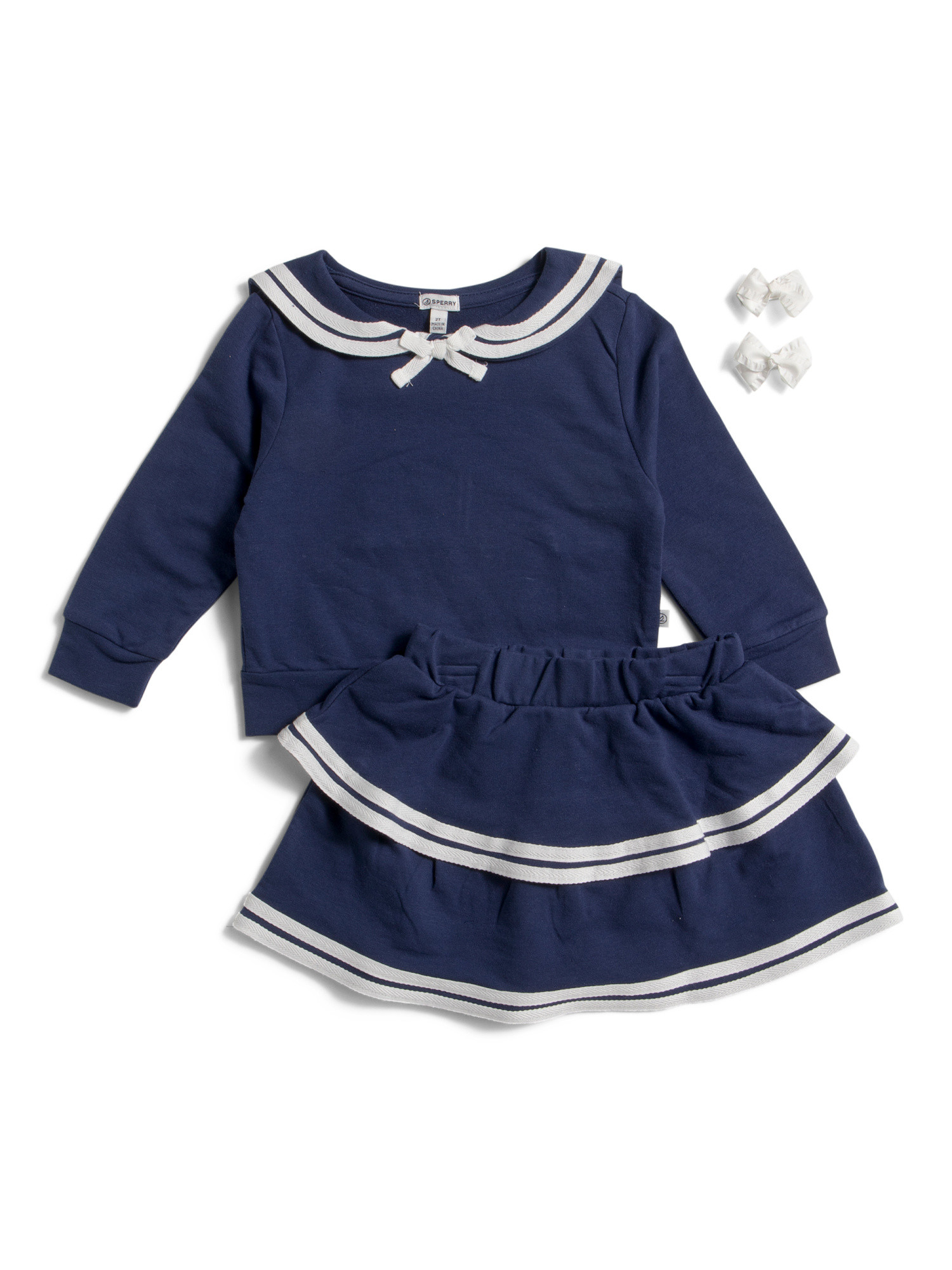 Toddler Girls 2pc Piped Knit Top And Skirt Set With Hair Bows | TJ Maxx