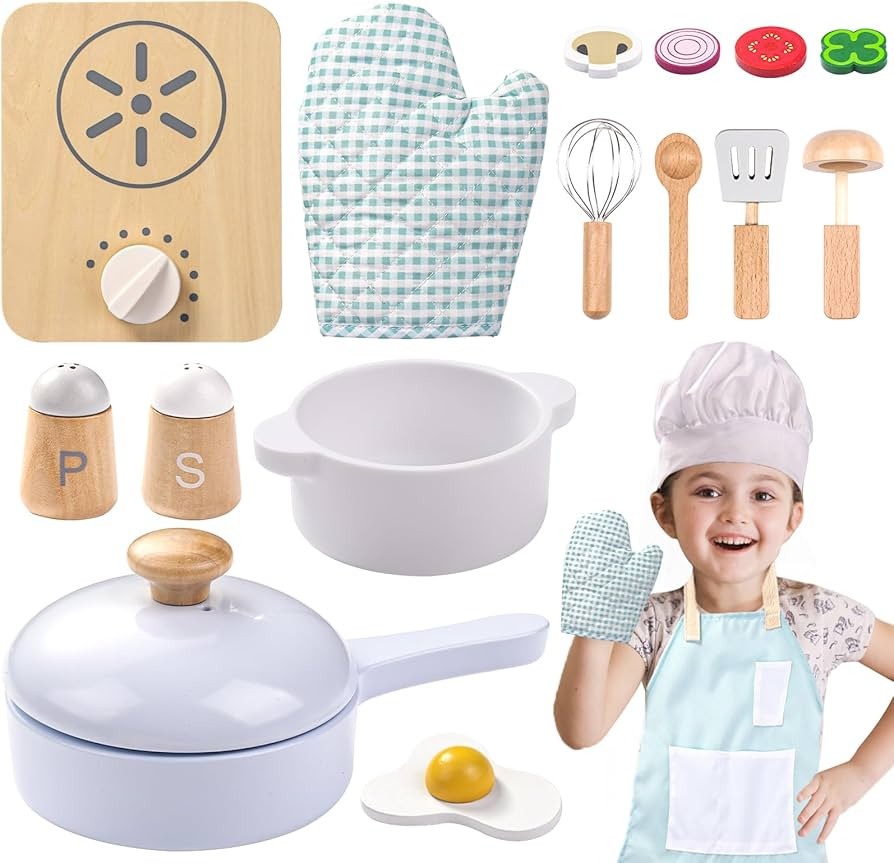 Wood Kids Play Kitchen Accessories Set, Pretend Play Cooking Toys Set, Kitchen Toys Playset for T... | Amazon (US)