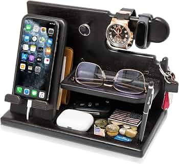 TESLYAR Wood Phone Docking Station Ash Key Holder Stand Watch Organizer Men Gift Husband Wife Ann... | Amazon (US)