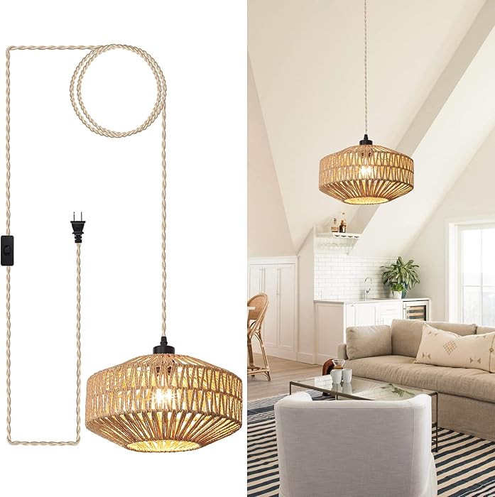 Rattan Light Fixtures Plug in Chandelier Ceiling Hanging, Boho Wicker Plug in Pendant Light with ... | Amazon (CA)
