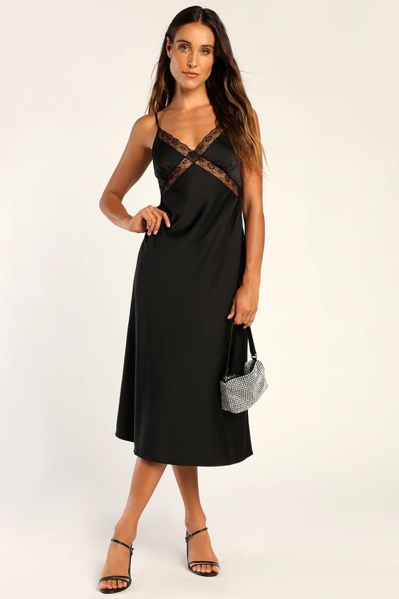 Simply Gorgeous Black Satin Lace Backless Midi Slip Dress | Lulus (US)