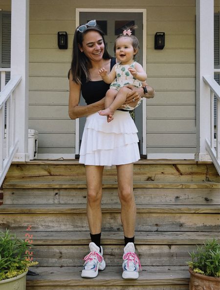 Mom and me outfits! Summer baby outfit. Angel dear baby outfit. White tennis skirt, everyday mom style. Casual outfit. Amazon fashion find. Amazon skirt. 

#LTKunder50 #LTKkids #LTKbaby
