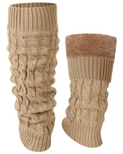 Shihanee Winter Fleece Lined Leg Warmers for Women Knit Long Leg Warmers Warm Fleece Lined Boot Socks for Skating Daily Wear (Soft Khaki,Cable Knit Pattern) | Amazon (US)
