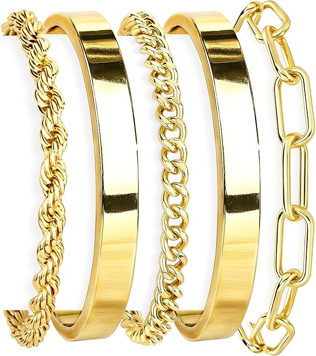 Gold Bracelets Set for Women Non Tarnish, Waterproof 14K Gold Plated Sterling Silver Chunky Cuff ... | Amazon (US)