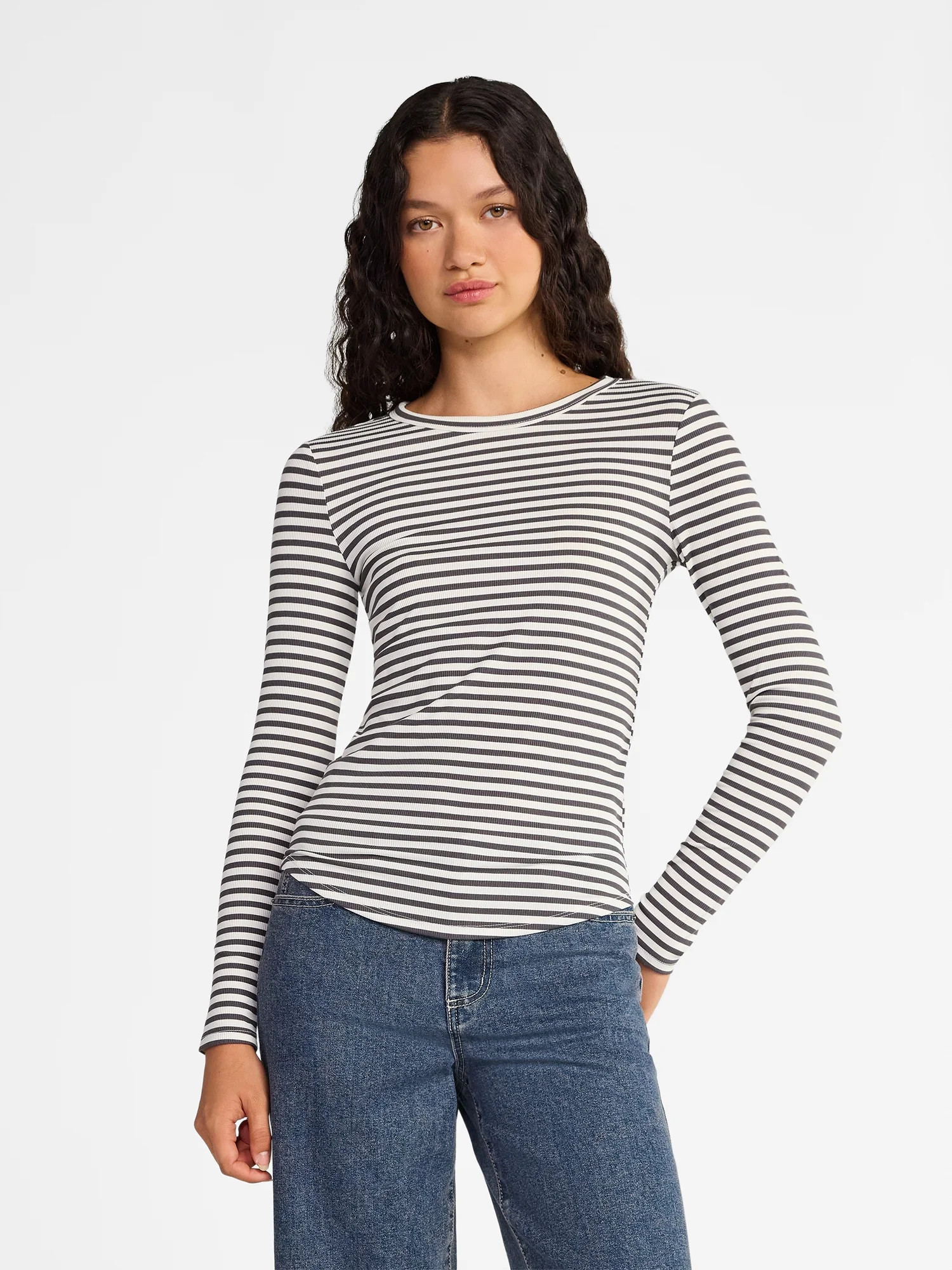 No Boundaries Ribbed Crewneck Tee with Long Sleeves, 1 or 2-Pack, Women's | Walmart (US)