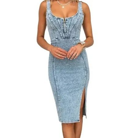 Chouyatou Denim Dress for Women Sleeveless Side Slit Bodycon Midi Jean Dresses | Walmart (US)